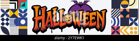 Halloween-Banner mit auffälligen geometrischen Mustern, einer gruseligen Fledermaus und dem legendären Halloween-Text. Perfekt für festliche Dekoration und Themendesign. Stock Vektor