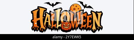 Halloween Text mit Fledermaus und Kürbis Illustration. Farbenfrohe Halloween-Illustration mit auffälligem Schriftzug mit Fledermäusen und Kürbis. Stock Vektor