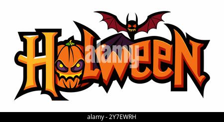 Halloween-Logo mit Kürbis- und Fledermausdesign. Farbenfrohe Halloween mit gruseligem Kürbis und Fledermaus, perfekt für festliche Dekorationen und Partymotive. Stock Vektor