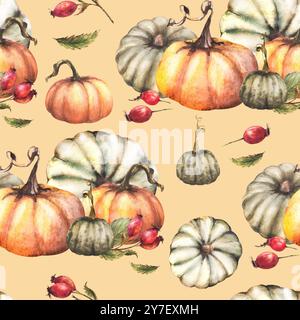 Kürbisse mit rosa Hüfte, Brühe, Hund Rose Beeren nahtlos Muster. Illustration der Herbsternte mit Aquarell. Handgezeichnetes Thanksgiving Day-Material Stockfoto