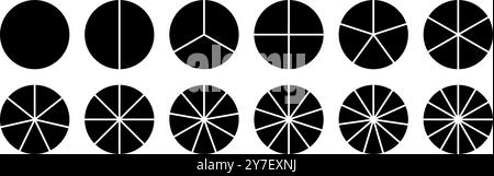 Infografik zur Kreisteilung. Tortendiagramm geteilt 8,9,10 gleiche Teile. Runde Pizza oder Donut Diagramm. Infografik Radsegment und -Fraktion Stock Vektor