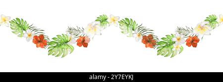 Tropical Flowers verlässt Plumeria und Hibiscus. Nahtloses Banner. Botanische Illustration Mit Aquarell. Designelement für Karten, Einladungen, Websites, BL Stockfoto