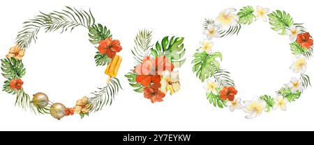 Tropical Flowers verlässt Plumeria und Hibiscus. Kranzrahmen. Botanische Illustration Mit Aquarell. Designelement für Karten, Einladungen, Websites, Blogs Stockfoto