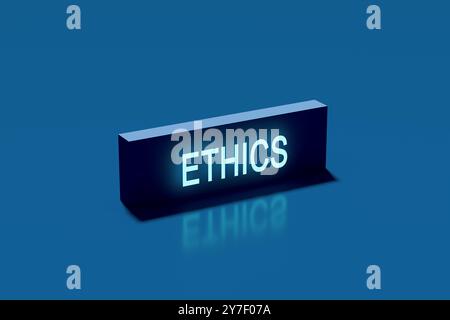 Ethik-Konzept. Leuchtendes Neonschild mit dem Wort Ethik, reflektiert auf blauem Hintergrund. 3D-Rendering. Stockfoto