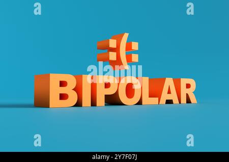 Bipolare Störungskonzepte mit einem Symbol, das zwischen einem glücklichen und traurigen Gesicht ausbalanciert und die emotionale Instabilität und Stimmungsschwankungen der Erkrankung repräsentiert Stockfoto