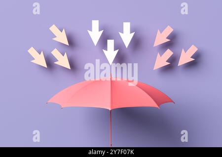 Risikomanagement, Schutz und Versicherungskonzepte. Rosafarbener Regenschirm schützt vor herabfallenden weißen und rosa Pfeilen auf einem lila Hintergrund. 3D-Rendering. Stockfoto