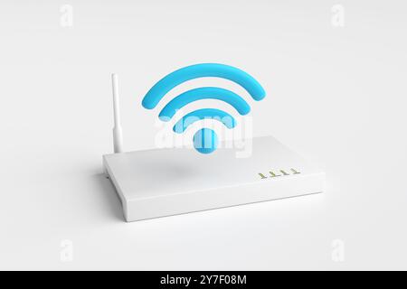 Internet-Konnektivitätskonzept. Weißes WLAN-Router-Modem für eine starke Internetverbindung mit blauem Symbol. 3D-Rendering. Stockfoto