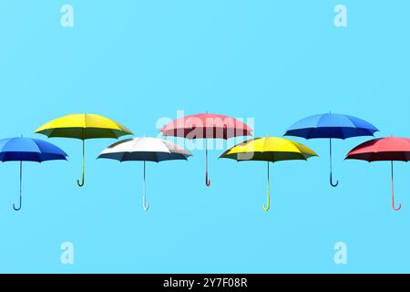 Versicherungs- und Schutzkonzept. Farbenfrohe Regenschirme schweben anmutig vor einem hellblauen Hintergrund und schaffen eine fröhliche Szene. 3D-Rendering. Stockfoto