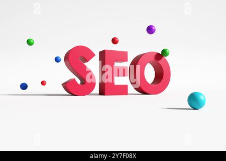 Suchmaschinenoptimierung. 3D-Rendering des Akronyms SEO mit farbenfrohen Kugeln, die um die Buchstaben auf weißem Hintergrund schwebt. Stockfoto