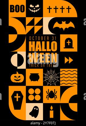 Neo geometrisches Halloween-Poster. Moderner abstrakter Hintergrund. Vertikaler Flyer, Grußkarte, Kopfzeile für Website. Muster mit orangefarbenen einfachen Symbolen Stock Vektor
