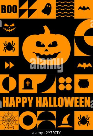 Happy Halloween Banner. Geometrisches Muster für Neugeborene. Moderner abstrakter Hintergrund mit orangefarbenen einfachen Formen, Kürbissen und Geistern. Vektorabbildung in Stock Vektor