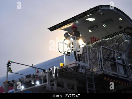 (240930) -- ZHENGZHOU, 30. September 2024 (Xinhua) -- Ein Mitarbeiter lädt ein Frachtflugzeug am Xinzheng International Airport in Zhengzhou, Zentralchinas Provinz Henan, 1. August 2023. Henan liegt strategisch im zentralen Teil des Landes und ist seit Jahrhunderten ein nationaler Verkehrsknotenpunkt. In den vergangenen Jahrzehnten baute die Provinz ein modernes Verkehrsnetz aus Flugzeugen, Eisenbahnen, Autobahnen, Wasserkanälen und allen möglichen Häfen. Sie weitet ihre Rolle nun rasch auf Bereiche der grenzüberschreitenden Logistik, Investitionen und des Handels aus, um den doppelten Umlauf der Kuppel zu erleichtern Stockfoto