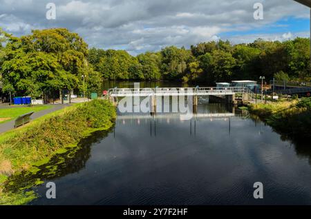 Belfast, County Down, Nordirland 15. September 2024 - Stranmillis Weir am beliebten Angelort Lagan und ideal für Wildtiere wie Kormorant Stockfoto