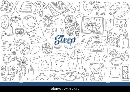 Symbole für Schlaf und gesunde Ruhe wie Pyjamas und Kissen oder Kerzen und Nachtamulette. Inschrift Schlaf in der Nähe von Spielzeugbären und Hausschuhen oder Wecker und Mond am Himmel. Handgezeichnet. Stock Vektor