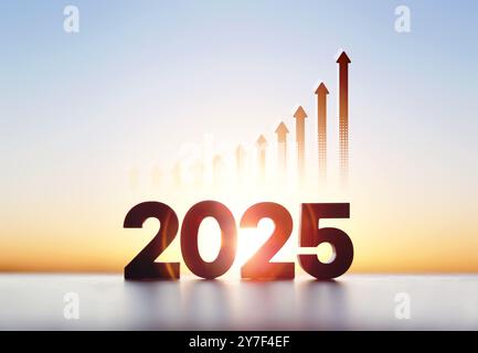 Aufsteigende Pfeilgrafik und aufgehende Sonne 2025 Neujahr Sonnenaufgang, Aktienfinanzierung Wirtschaft Wachstum Investitionsziel Konzept Stockfoto