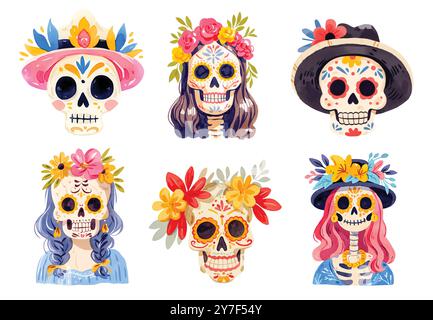 Der Tag der Toten ist ein Feiertag, der traditionell am 1. Und 2. November gefeiert wird. Zwei Skelette tanzen und spielen Gitarre, Confeti mit Violett Stock Vektor