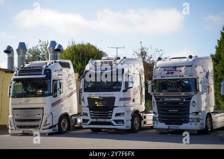 Neukirch/Lausitz - Truckerbilly: Old meets New 29.09.2024 Neukirch/Lausitz, Hauptstraße 37 Fotograf: LausitzNews.de am Wochenende vom 27.09.2024 - 29.09.2024 fand in Neukirch/Lausitz das erste Truckerbilly statt. Rund 20 Trucker kam der Einladung auf dieses Event nach und fuhr in der Oberlausitz. Rund 2000 Menschen besuchten das Event, bestaunten die Fahrzeuge und kamen in Gesprächen. Über eine Losbude sowie eine Hüpfburg konnten sich die ganzen kleinen freuen. Auch für den kleinen Hunger gab es Bratwurst oder Steak. Am Abend wurde das ganze dann mit einem DJ und schöner Lichtshow abgerunde Stockfoto