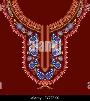 Das farbenfrohe Halsdesign mit Blumenpaisley- und Scrollmotiven auf dunkelorangefarbenem Hintergrund sorgt für Stickerei auf indischer Kurta. Stock Vektor