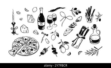Sommer Picknick Essen und Wein Vektor Illustrationen Set. Pizza, Käseplatte, Baguette, Alkoholglas und Flasche Vintage minimalistische Skizze. La Dole Vita. Stock Vektor