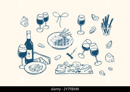 Wein und Poetiser minimalistische Handschrift Vektor Illustrationen Set. La Dolce Vita. Brie, Camembert, roquefort, Parmesankäse, Salami, jamon ist charmant Stock Vektor