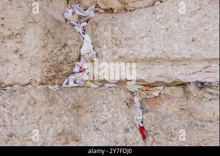 Winzige Zettel mit geschriebenen Gebeten zu Gott werden in die Risse der Westmauer in Jerusalem, Israel, eingefügt. Stockfoto