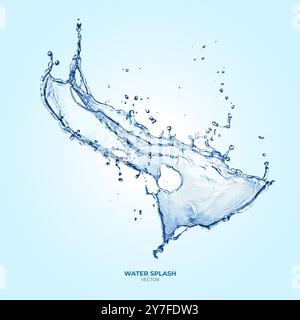 Realistische transparente isolierte Vektoren setzen Spritzer von Wasser mit Tropfen. 3D-Vektor-Flüssigkeit wirbelt und spritzt Flüssigkeiten mit Tröpfchen. Stock Vektor