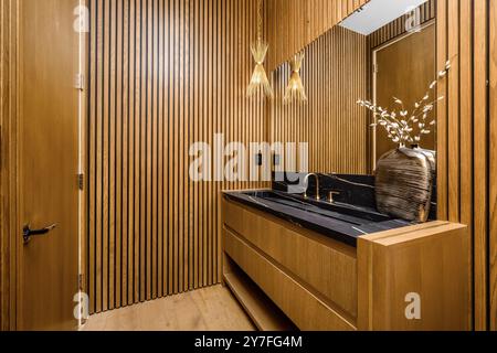 Modernes Bad mit Holzpaneelwänden, schwarzer Marmorplatte und dekorativer Vase mit moderner Beleuchtung. Stockfoto