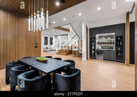 Moderner Ess- und Wohnbereich mit stilvoller Beleuchtung, Holzakzenten und modernen Möbeln in luxuriöser Inneneinrichtung. Stockfoto