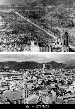 Ein Teil der wiederaufgebauten Stadt Hiroshima, 9 Jahre nachdem die erste Atombombe sie zerstört hatte. Die Kirche im Vordergrund war das einzige Gebäude, das nach der Explosion am 6. August 1945, obwohl schwer beschädigt, noch stehen blieb. Unterfoto vom 8. August 1954 Stockfoto