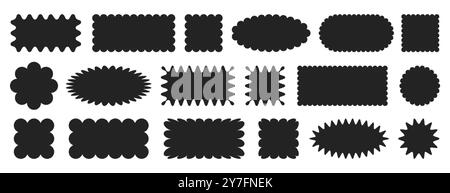 Schwarze gezackte geometrische Formen. Rechteckige, quadratische, runde und ovale Rahmen mit Muschelrand. Rechteckige gebogene Kastenelemente, gezackte Aufkleber mit Zickzackrand. Gewellte Etiketten, abgedrehte Abzeichen Stock Vektor