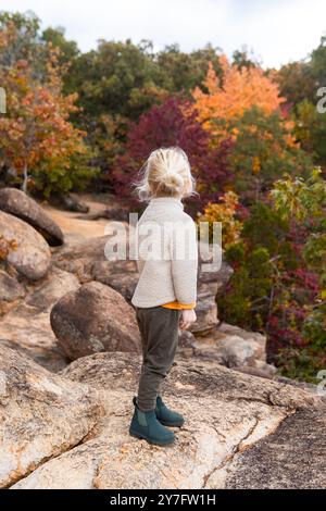 Kind, das auf einer Wanderung in Elephant Rocks lebhaftes Herbstlaub ansieht Stockfoto