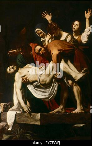 Deposition of Christ (Vatikan Pinacuteca) Deposition, 1602-4 (Öl auf Leinwand) Caravaggio, Michelangelo Merisi da (1571–1610) Vatikanische Museen und Galerien, Vatikanstadt, Italien Michelangelo Merisi da Caravaggio (29. September 1571–18. Juli 1610) war ein italienischer Künstler, der zwischen 1593 und 1610 in Rom, Neapel, Malta und Sizilien tätig war. Er wird häufig in der Barockschule platziert, auf die er einen prägenden Einfluss hatte. ©TopFoto Stockfoto