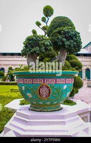 Bangkok. Der große Palast oder Königspalast (Wat Phra Kaew). Ein großer Topf im Garten mit Bonsai. Stockfoto