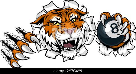 Tiger Angry Pool 8 Ball Billard Maskottchen Cartoon Stock Vektor