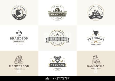 Bauernmarkt Viehzucht Bauernhof Retro Logo Design Vorlage Satz Vektor flache Illustration. Bauern mit frischem Gemüse ernten Landwirtschaft und Organe Stock Vektor