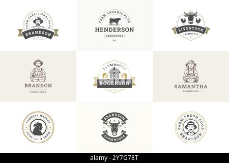 Bauernhof Markt Landwirtschaft Fleisch Gemüse Produktion Premium Retro Logo Design Vorlage Satz Vektor flache Illustration. Bauernhof Viehzucht Rinder Mann und Stock Vektor