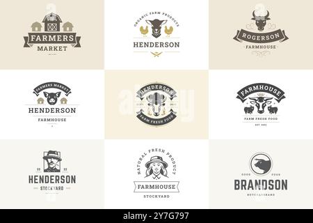 Bauernmarkt Metzgerei Öko Lebensmittel Landwirtschaft Retro Logo Design Vorlage Set Vektor flache Illustration. Viehzucht Bauernhof natürliche Bio-Fleisch Pro Stock Vektor