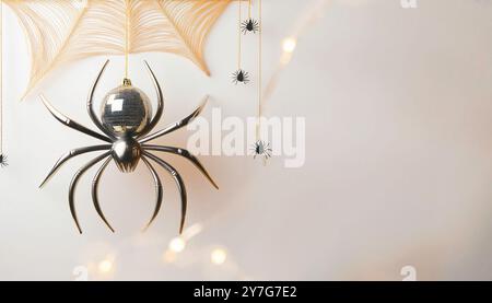 Schwarze und silberne Spiegelspinne aus Kunststoff mit Halloween-Motiv, die an Goldfäden hängt, mit verschwommenen Bokeh-Lichtern und goldenen Netzen auf einem neutralen Licht aus W Stockfoto