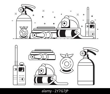 Feuerwehrausrüstung Icons in Line Art Stock Vektor