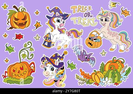 Niedliche Einhörner, Kürbisse, Elemente isoliert auf lila Hintergrund. Sammlung von handgezeichneten Illustrationen zu Halloween-Feiertagen. Vektorsatz Aufkleber, PA Stock Vektor