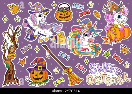 Niedliche Einhörner, Kürbisse, Elemente isoliert auf lila Hintergrund. Sammlung von handgezeichneten Illustrationen zu Halloween-Feiertagen. Vektorsatz Aufkleber, PA Stock Vektor