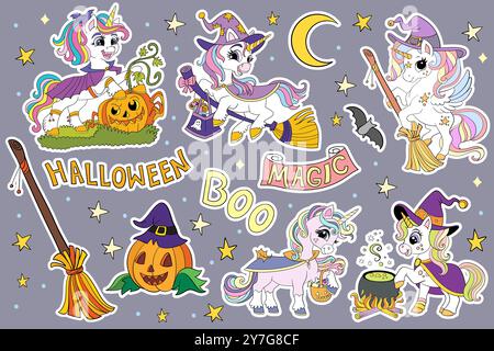 Niedliche Einhörner, Kürbisse, Elemente isoliert auf grauem Hintergrund. Sammlung von handgezeichneten Illustrationen zu Halloween-Feiertagen. Vektorsatz von Aufklebern, Teil Stock Vektor