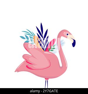 Rosafarbener Flamingo. Exotischer tropischer Vogel mit Blättern. Tiersammlung im Zoo. Niedliche Zeichentrickfigur. Dekorationselement. Flaches Design. Weißer Hintergrund Stock Vektor