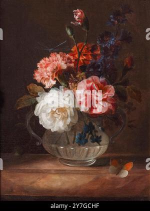 Mary Moser, Stillleben Gemälde von Rosen, Nelken und anderen Blumen in einer Glasvase, Öl auf Leinwand, vor 1819 Stockfoto