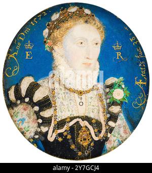 Königin Elisabeth I. (1533–1603), Porträt-Miniatur-Aquarellmalerei von Nicholas Hilliard, 1572 Stockfoto