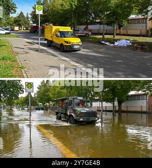 30. September 2024, Brandenburg, Frankfurt (oder): KOMBO: Die zweiteilige Bildkombination zeigt den Buschmühlenweg, eine Straße, die teilweise von bis zu einem halben Meter Wasser aus dem Hochwasser der oder untergetaucht war, auf 26.09.2024 (unten) und auf 30.09.2024 (oben). Die Situation an der oder in Brandenburg nimmt weiter ab. Dies zeigt auch die Entwicklung in Frankfurt (oder). Nach Angaben der Stadt werden mehr als 40.000 Sandsäcke, die zum Schutz verwendet wurden, wiederverwendet oder entsorgt. Foto: Patrick Pleul/dpa Stockfoto