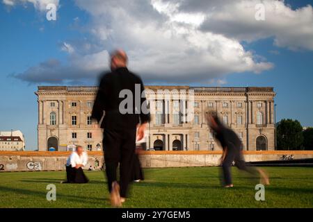 Kampfkünstler spielen Judo und Karate auf dem grünen Rasen des Schlossplatzes, umgeben von historischer Architektur in Berlin. Stockfoto