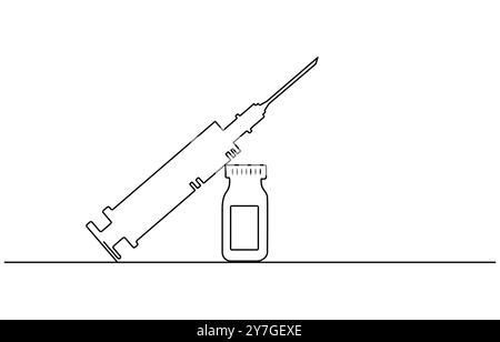 Medizinische Spritze und Flasche mit flüssigem Medikament in kontinuierlicher einzeiliger Zeichnung Vektor Illustration, medizinische Spritze und Flasche mit flüssigem Medikament in Stock Vektor