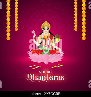 Happy Dhanteras Social-Media-Vektor-Illustration Vorlage. Fröhliches Dhanteras-Festival mit Blumendekoration und Diya-Lampe für das indische religiöse fest Stock Vektor