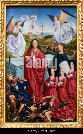 La Résurrection du Christ avec Jeanne Peschard, femme de Dreux i Budé, et ses filles Jacquette et Catherine présentées par sainte Catherine, Öl auf Holz, André d'Ypres (Maître de Dreux Budé), Nationalmuseum des Mittelalters, Musée de Cluny, Paris. Frankreich. Stockfoto